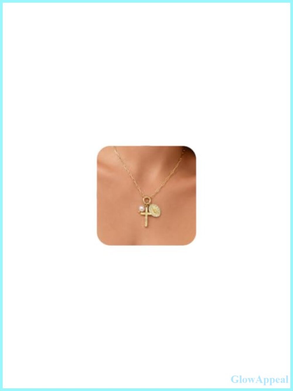 14K Gold Plated Cross Pendant Necklace with Pearl and Virgin Mary Charm 17.7+2